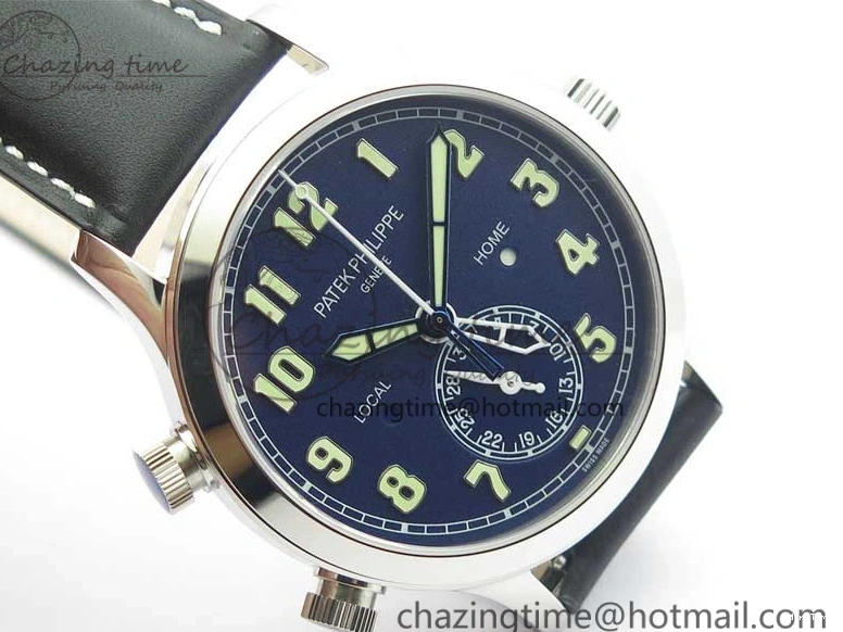 MIROTIME 0404 Practical Calatrava 5524 Pilot Travel Time SS GRF Blue Dial on Black Leather Strap A324 V 7107